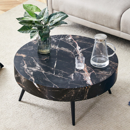 LuxeHome™ – 31.5" Black Marble Round Coffee Table with Adjustable